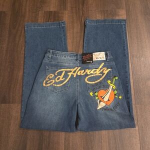 Y2K NWT Ed Hardy Brave Hearts Stay True Eagle Wide Leg Jeans Med Vintage Wash